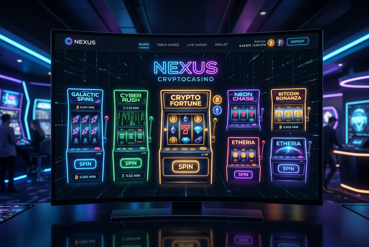 Nowoczesny interfejs kasyna krypto z symbolami Bitcoina i Ethereum