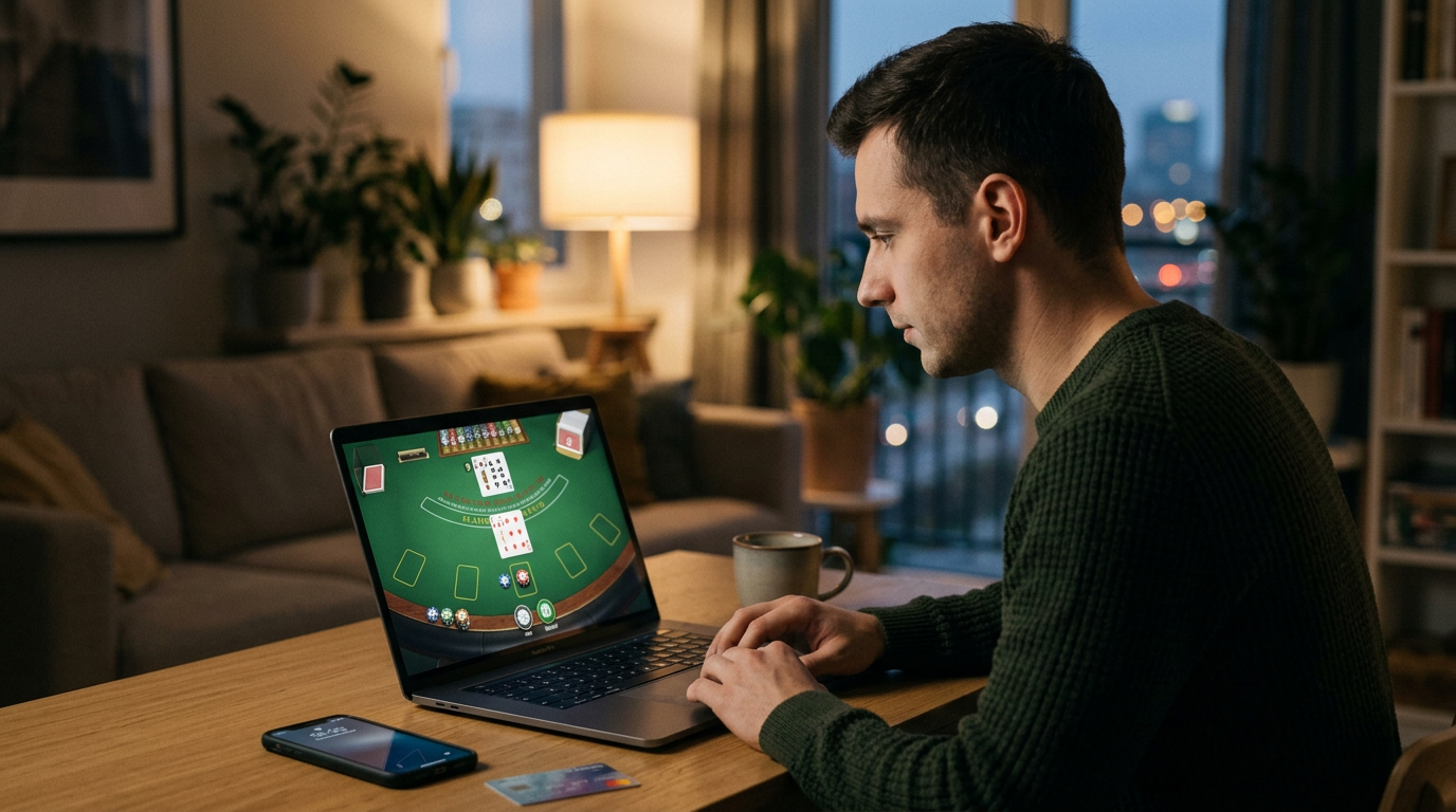 Stół do gry w blackjacka online z cyfrowymi nakładkami i kartami pokazującymi 21