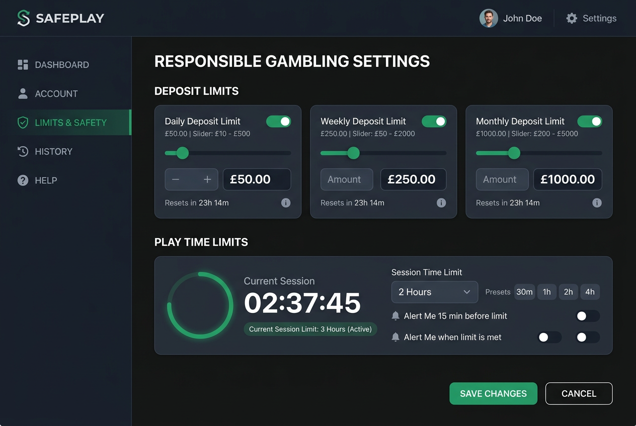 User interface showing responsible gambling limit settings with dark professional design